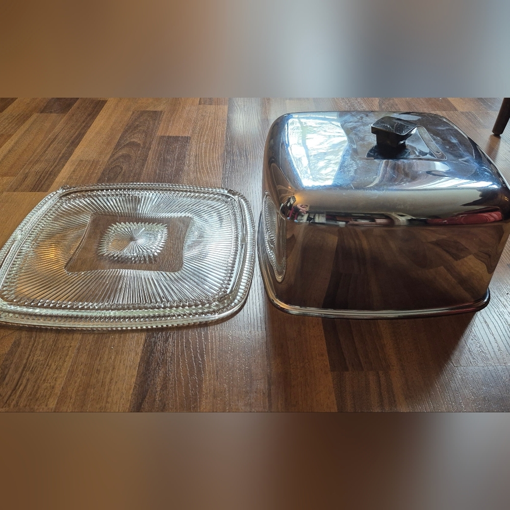 Kromex Vintage MCM Square Glass + Chrome -Cake Tray/ Server + Carrier- 1950s